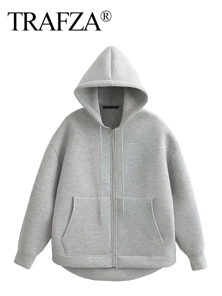 TRAFA Women's Zipper Hoodie Jacket – Loose Fit Casual Zip-Up Sweatshirt for Women