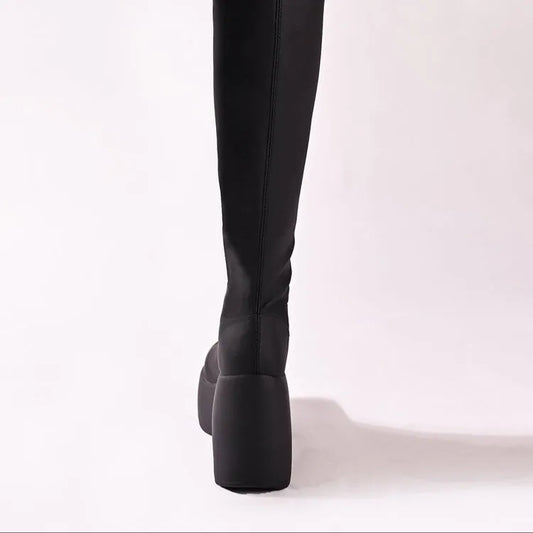 Women's Thick-Soled Knee-High Boots with Round Toe and High Heel