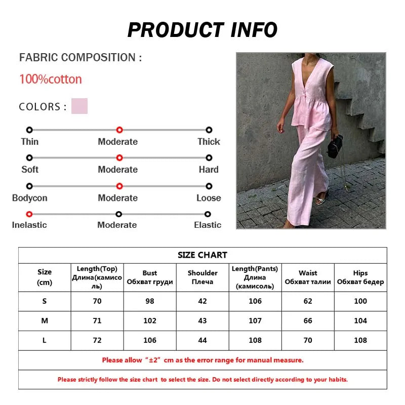 Women's 2-Piece Blue Cotton Linen Set: V-Neck Backless Halter Lace-Up Vest and Straight Pants