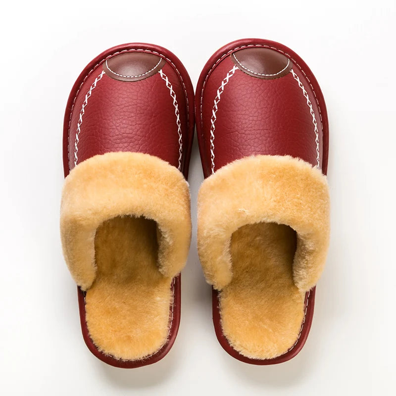 Unisex Waterproof Faux Leather Fluffy Casual Slippers - Various Colors