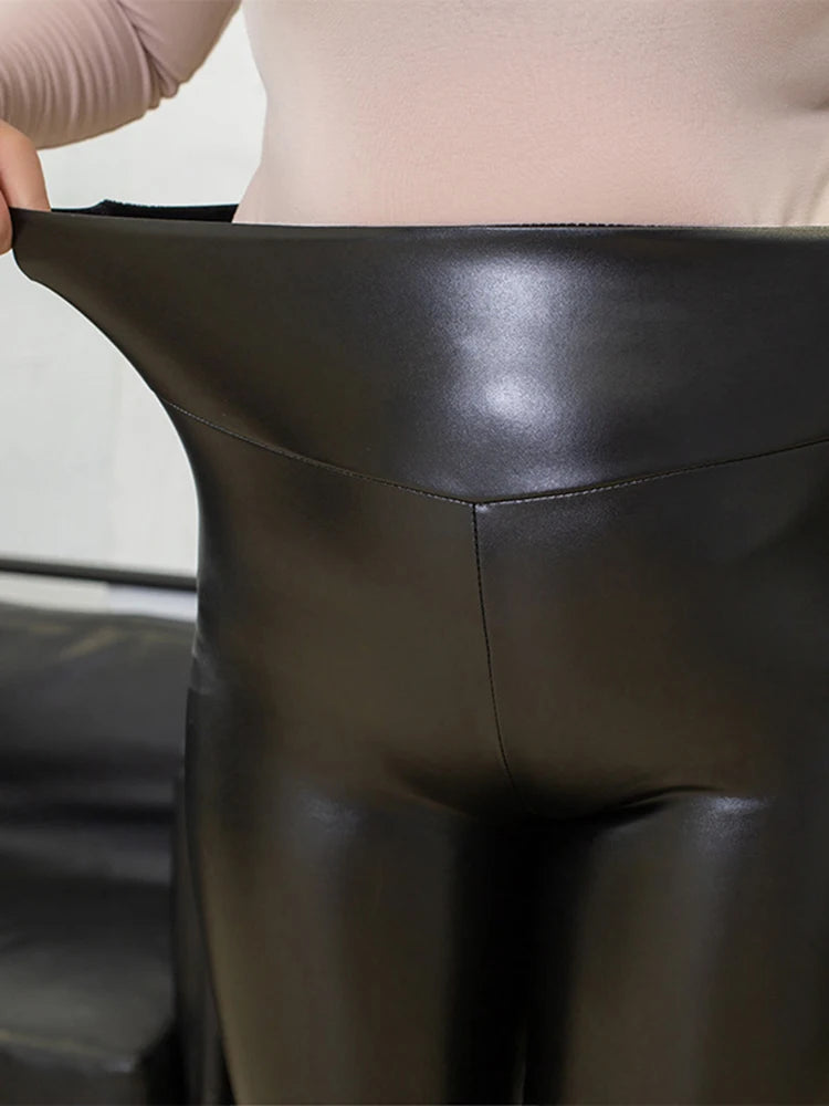 Women's High Waist Skinny PU Leather Pants with Elastic Waistband