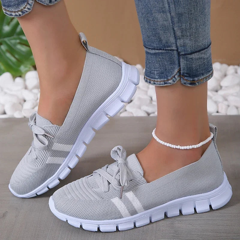 Women's Striped Lace-Up Trainers - Breathable Sneakers with Soft Sole