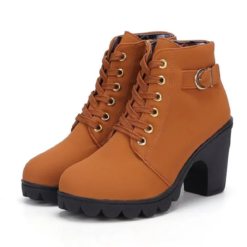 Strappy Short High Heeled Lace Up Boots for Women