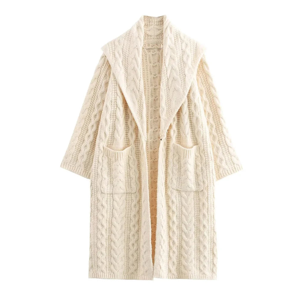 Beige cable knit cardigan on a white background