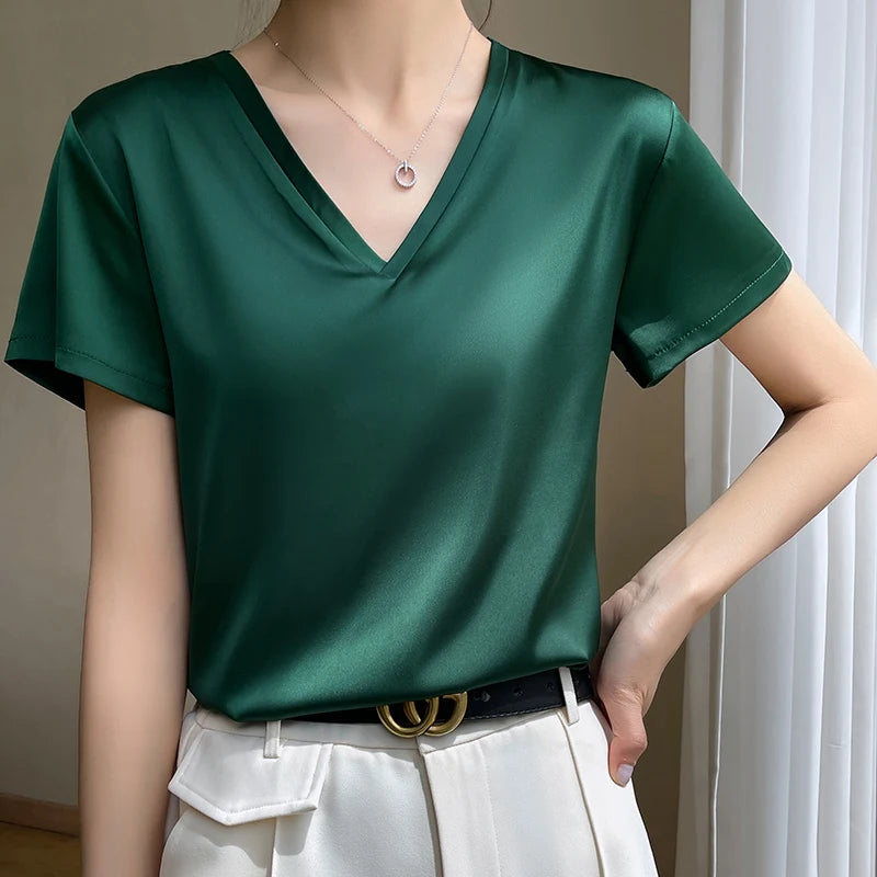Elegant Women's Satin Silk V-Neck Short Sleeve Blouse