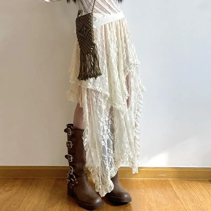 Chic Streetwear Women's Asymmetrical Lace Skirt