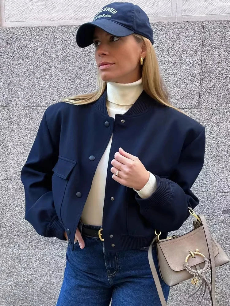Women's Cropped Bomber Jacket - Button-Up Outerwear with Long Sleeves