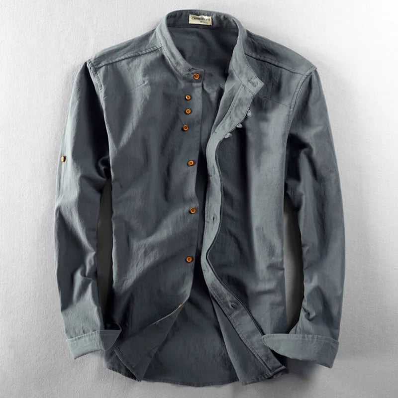 Men's Slim Fit Linen Cotton Shirt with Stand Collar