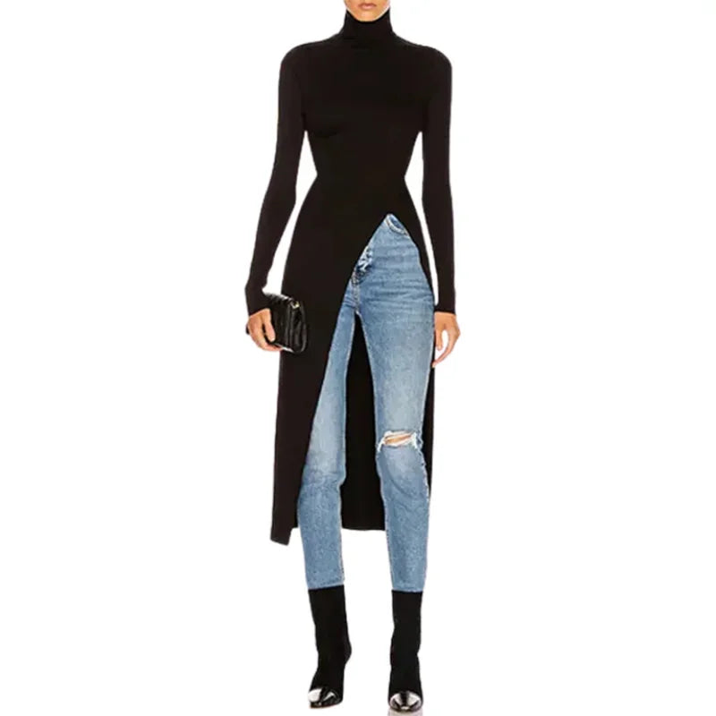 Women's Skinny Fit High-Neck Sweater Dress with Side Slits