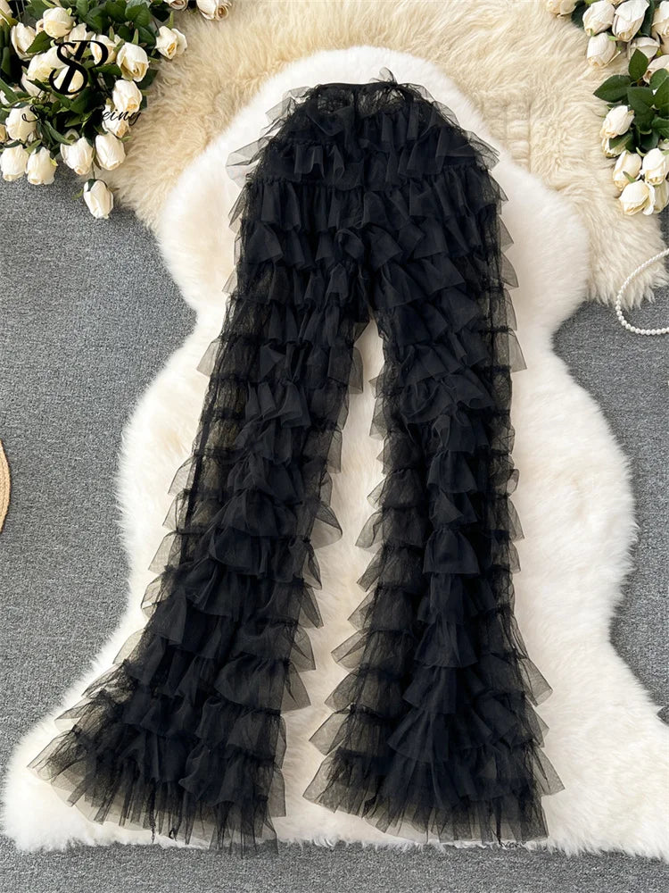 Women's Sheer Flare Trousers with Tiered High Waist and Mesh Detail