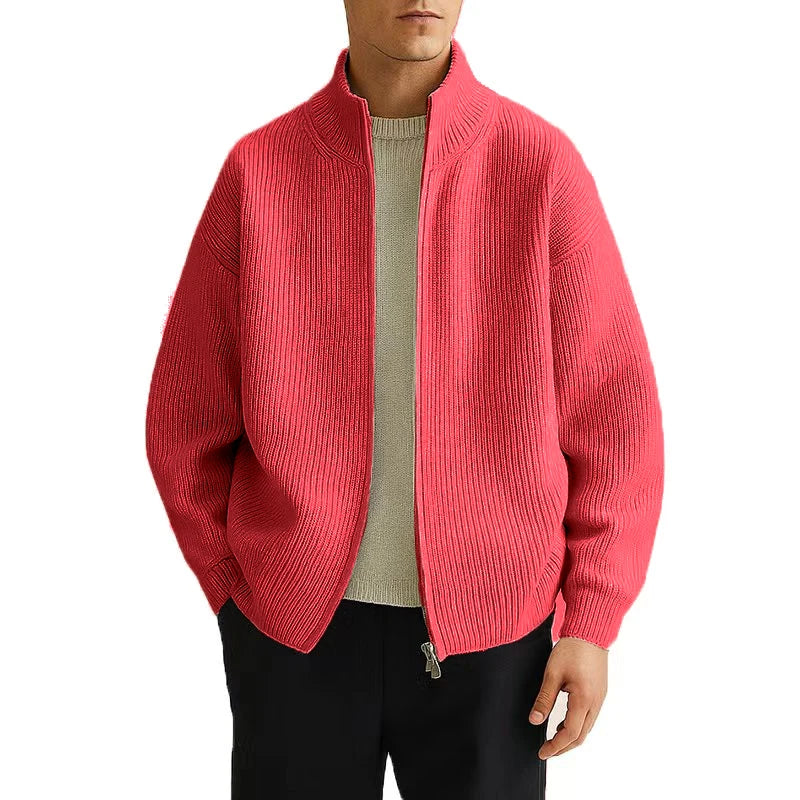 Men's Full Zip Cardigan Sweater with Mock Neck - Ribbed Knitted Men's Casual Sweater