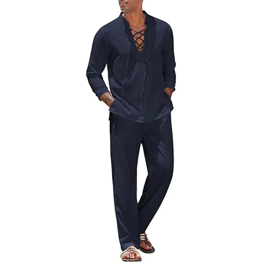 2-Piece Men's Cotton Linen Shirt and Pants Set
