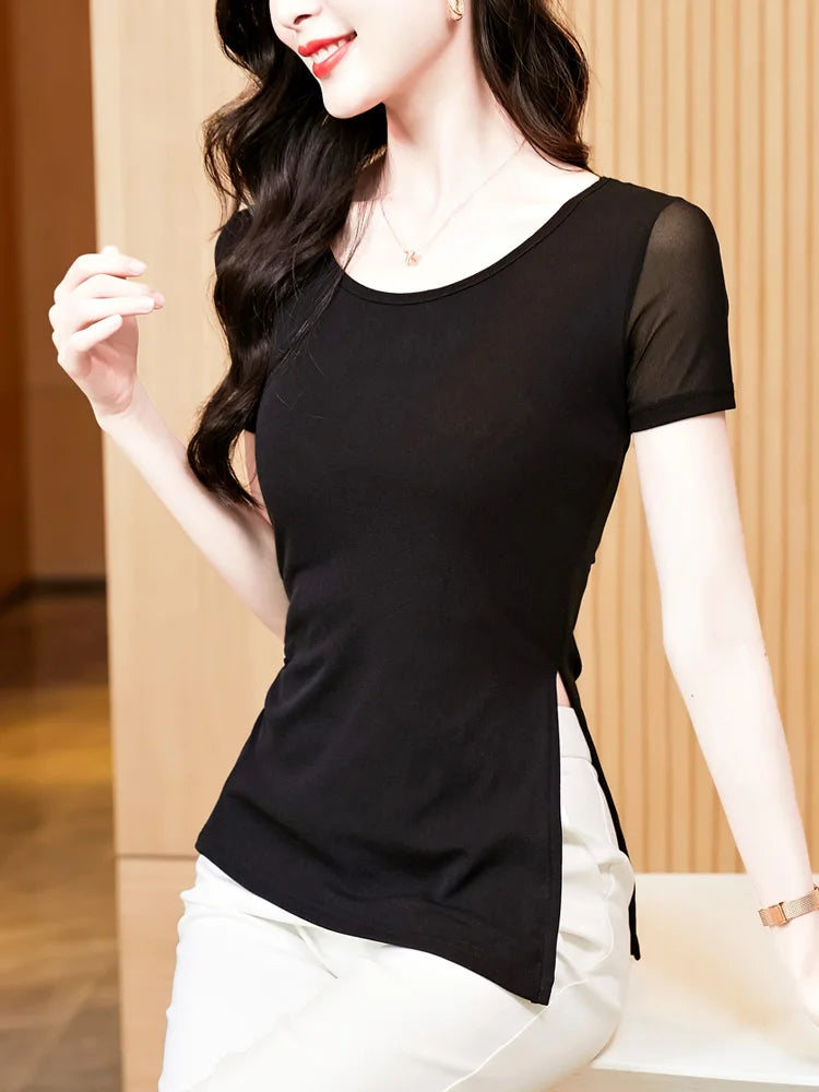 Elegant Slim Fit Women's T-Shirt with Side Split