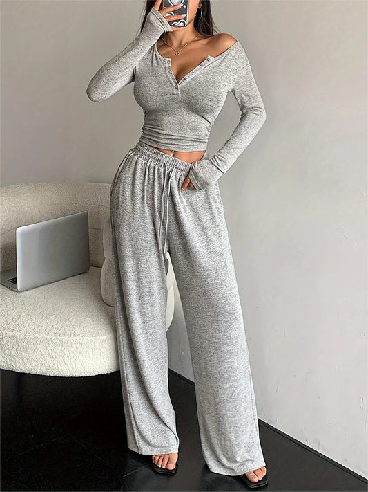 Women's Crop Top and Drawstring Pants Set - Two Piece Outfit