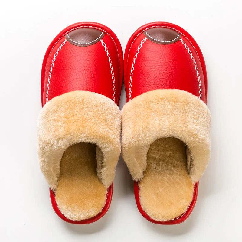 Unisex Waterproof Faux Leather Fluffy Casual Slippers - Various Colors