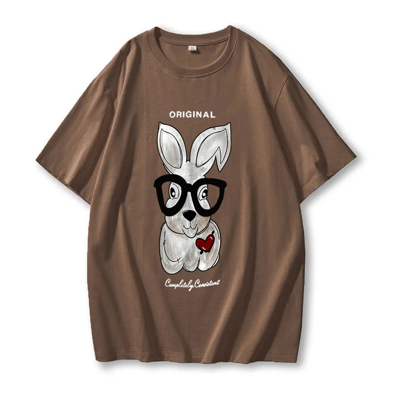 Elegant Rabbit Cartoon Printed Oversized Cotton T-Shirt for Women – Casual Style by Hirsionsan