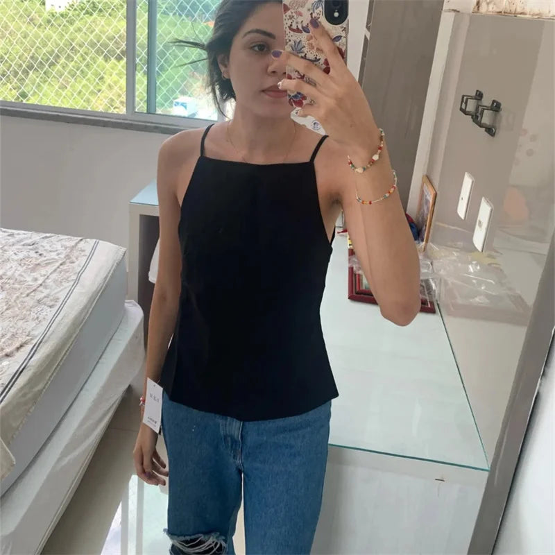 Backless Sleeveless Black and White Crop Top for Women with Thin Straps
