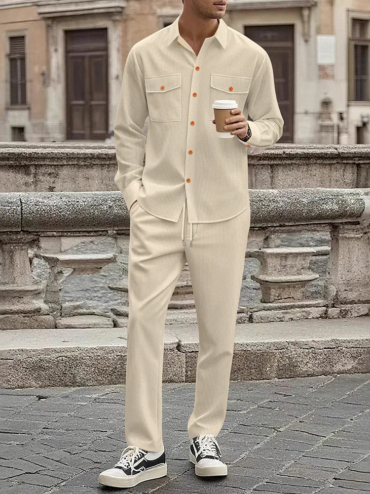Men's Two-Piece Corduroy Casual Suit – Long-Sleeved Shirt and Long Pants Set