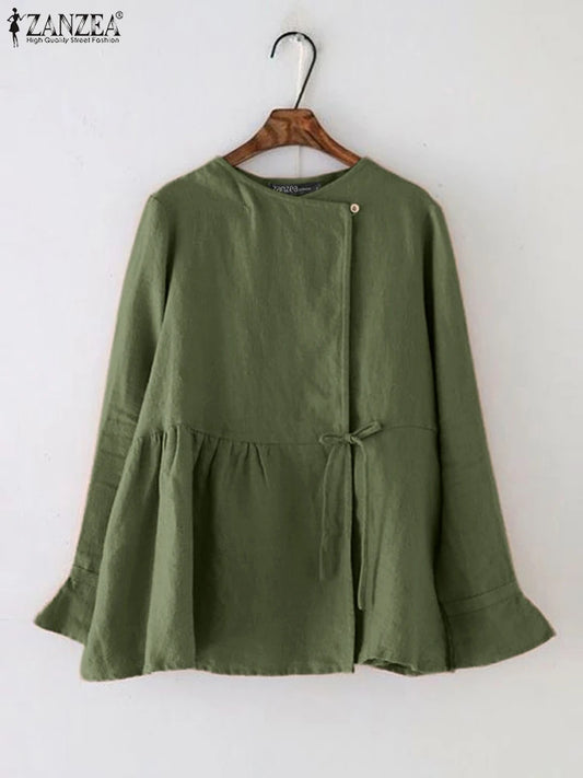 ZANZEA Vintage Women’s Long Flare Sleeve Cotton Blouse