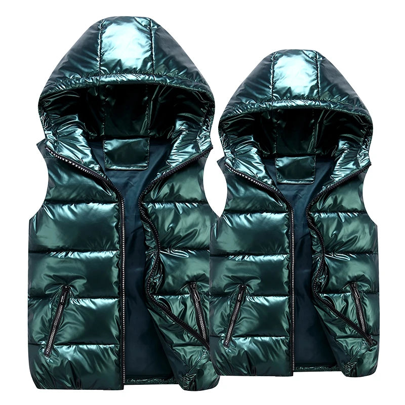 Men's Glossy Hooded Vest Jacket with Zipper Pockets - Classic Fit