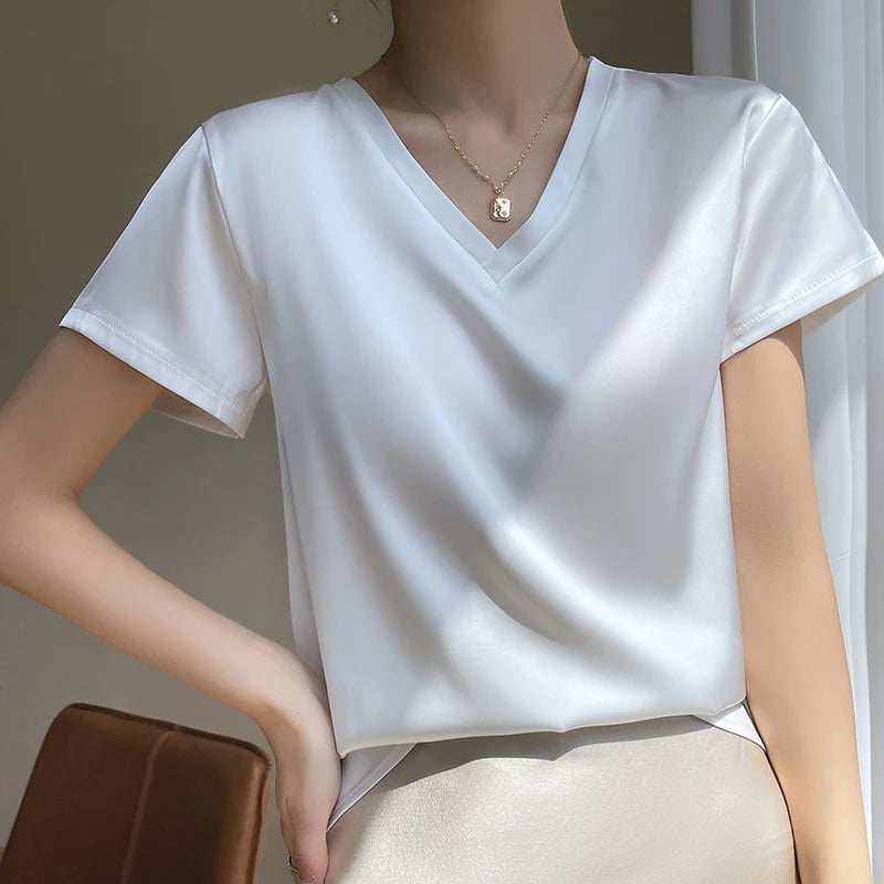 Elegant Women's Satin Silk V-Neck Short Sleeve Blouse