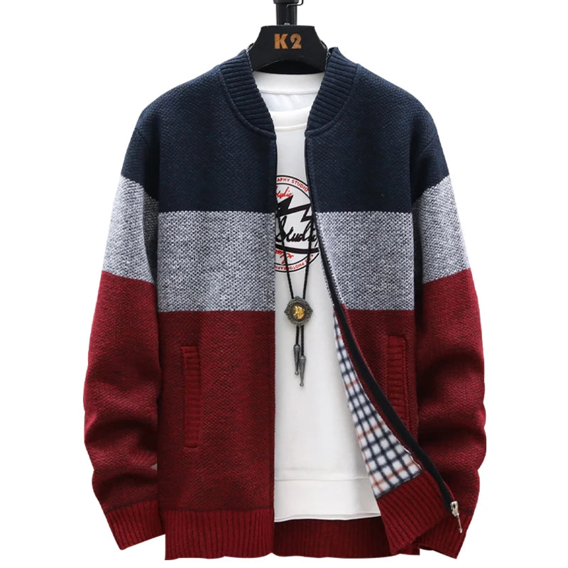 Men's Casual Striped Fleece Zip-Up Cardigan