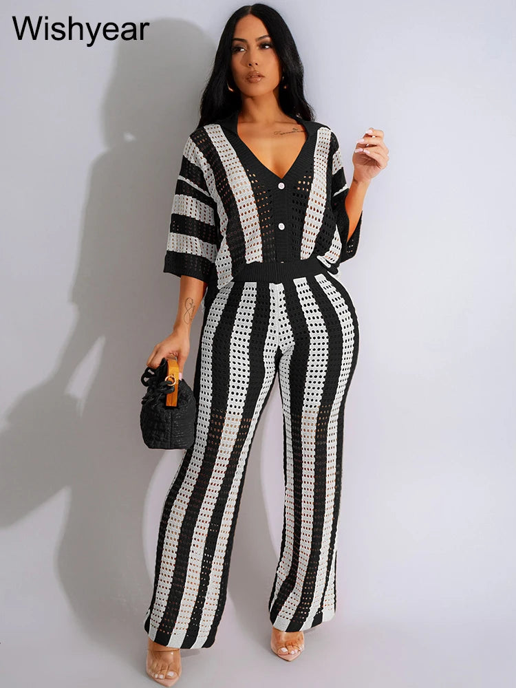 Wishyear Women's Two-Piece Striped Knit V-Neck Hollow Out Button Top & Wide Leg Pants Set