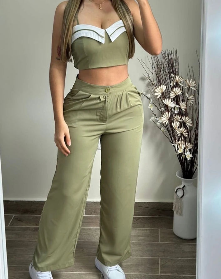 Women's Two-Piece Crop Cami Top and Ruched Pocket Pants Set