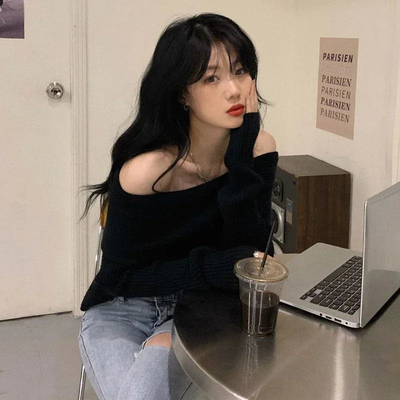 Women's Slash Neck Knitted Sweater - Off-Shoulder Long Sleeve, Thick & Slim Fit Pullover