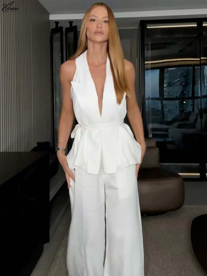 Cotton Women's Two Pieces Set Elegant Sleeveless Lace-Up Open Back Shirts And Simple Straight Trousers Sets