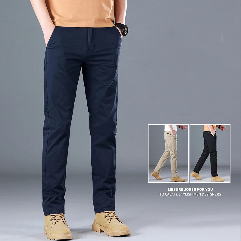 Men's Classic Slim Straight Trousers - Pure Cotton Stretch Pants