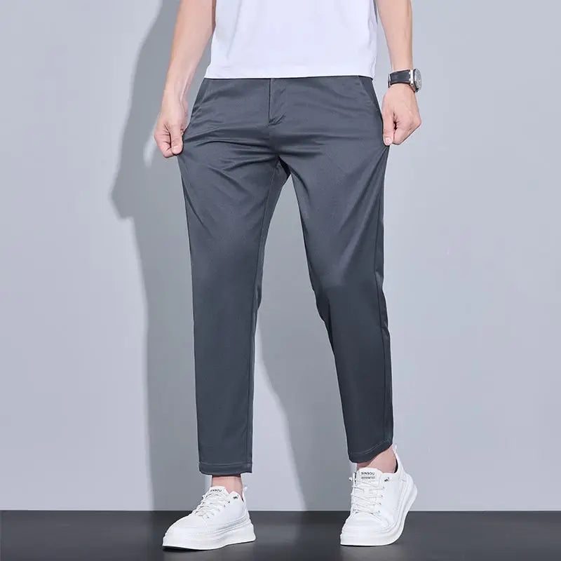 Men's Ankle-Length Straight Fit Pants – Slim Fit Thin Trousers for Men