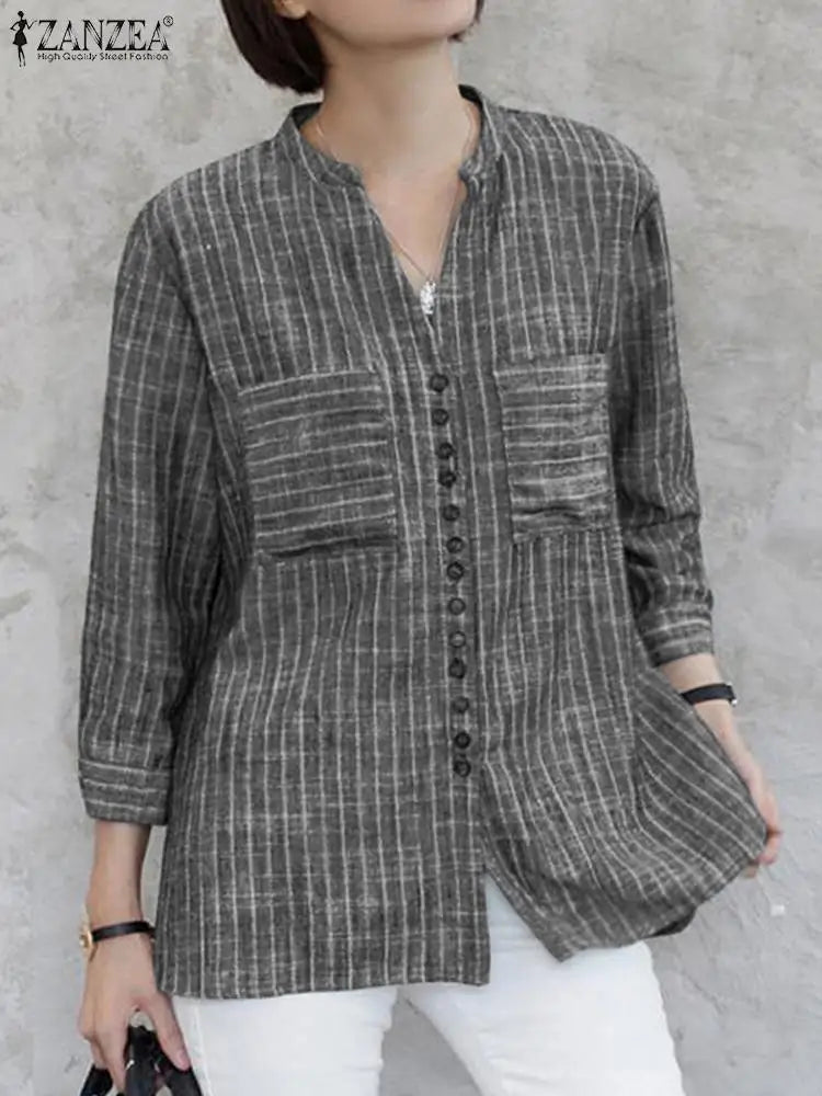 ZANZEA Women's Vintage Striped Blouse - 3/4 Sleeve Loose-Fitting Button-Up Shirt