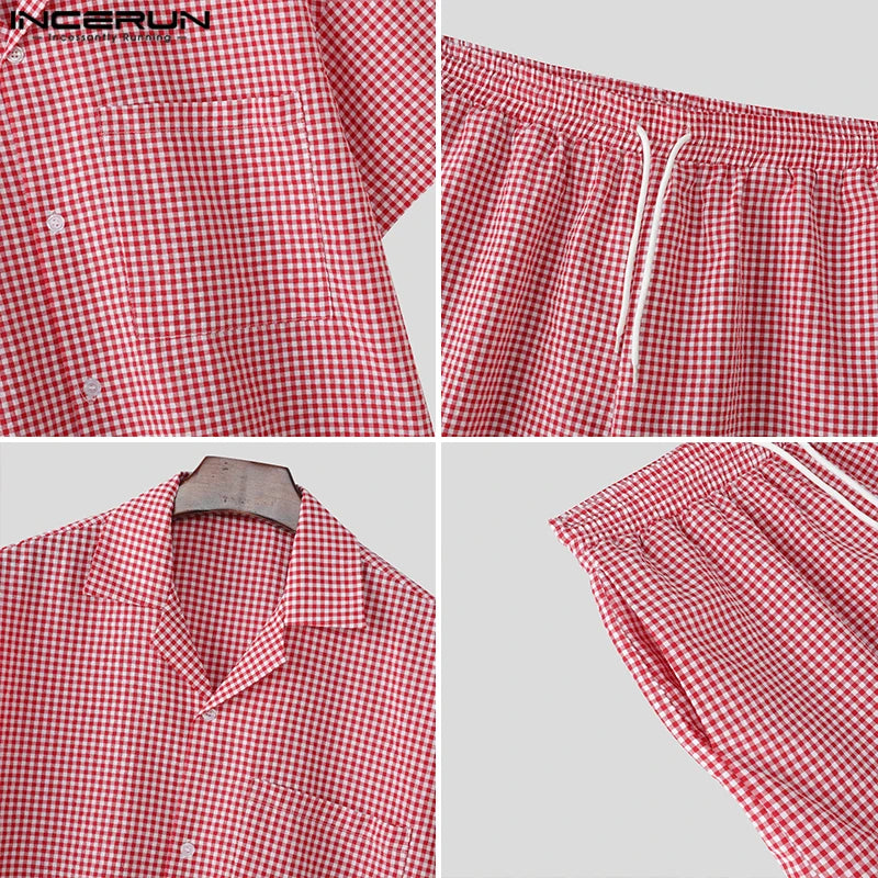 INCERUN Men's Plaid Two-Piece Shirt and Shorts Set – Casual Loose Fit