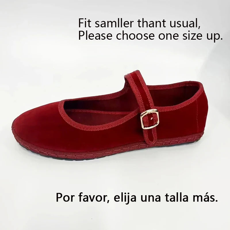 Velvet Mary Jane Flats for Women - Hand-Stitched Casual Shoes