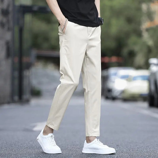 Men's Ankle-Length Straight Fit Pants – Slim Fit Thin Trousers for Men