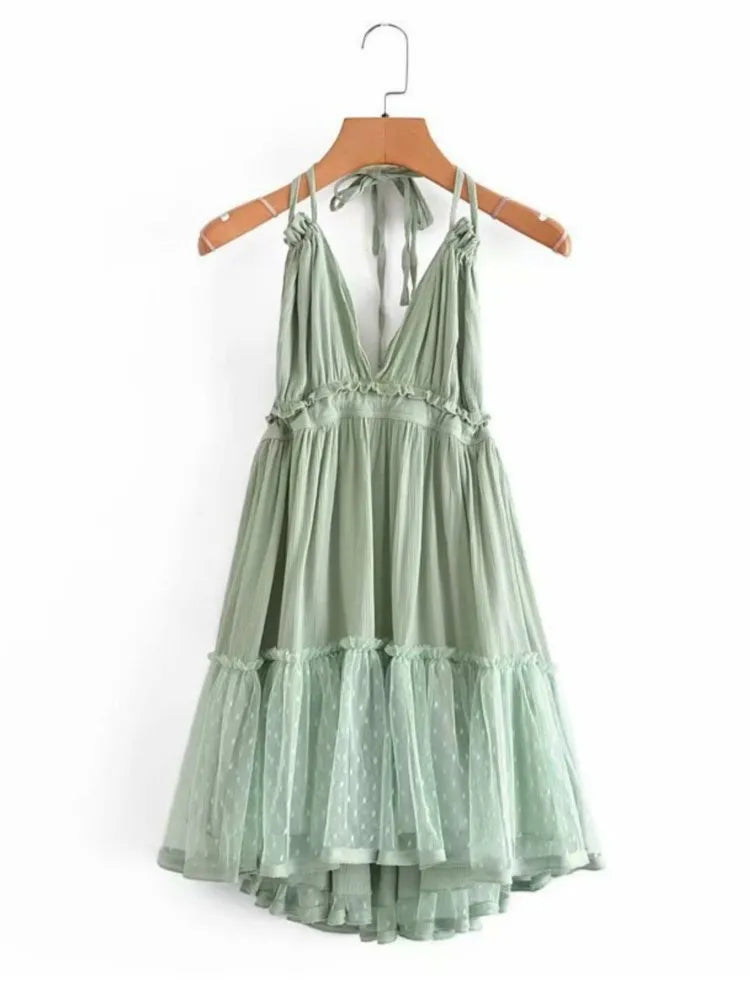 Women's Bow-Back Lacing Halter Collar Mesh Pleated Mini Dress
