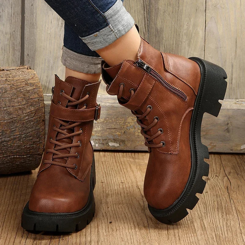 Women’s Chunky Heel Belt Buckle Boots with Lace-Up Design