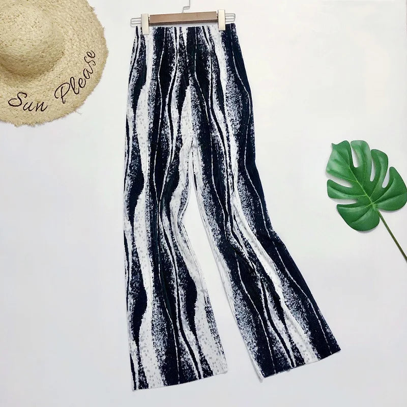 REALEFT Vintage High-Waist Printed Long Pants - Loose Wide Leg Fit- Loose Wide Leg Fit