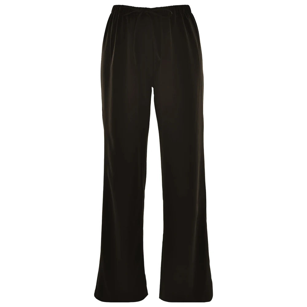 High Waist Satin Casual Women's Trousers with Lace-Up & Elastic Waist – Loose Fit for Comfort and Style