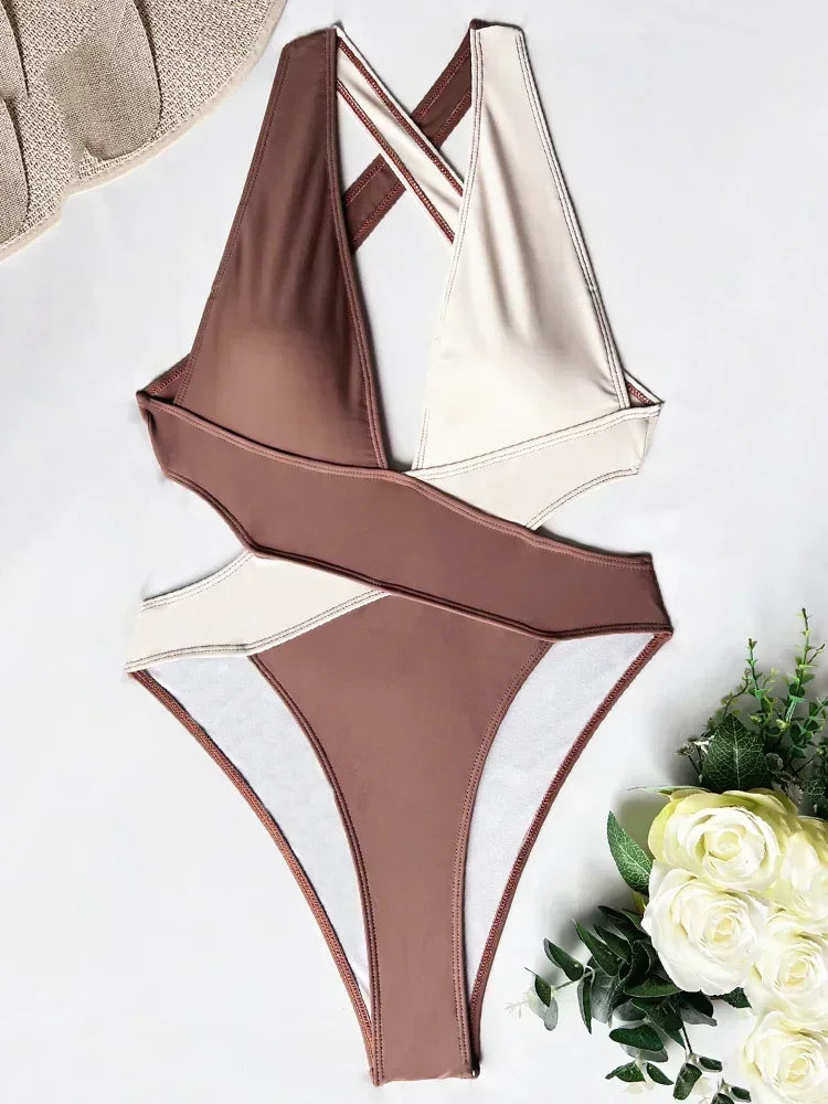 Women's Deep V Neck Cross Backless One-Piece Swimsuit - High Cut, Stylish & Flattering Swimwear