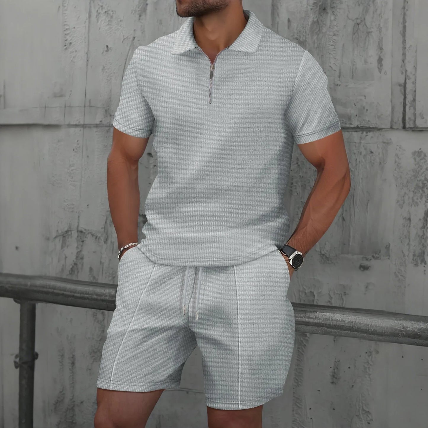 Men's Two-Piece Zip-Up Lapel T-Shirt and Shorts Set - Casual Summer Activewear
