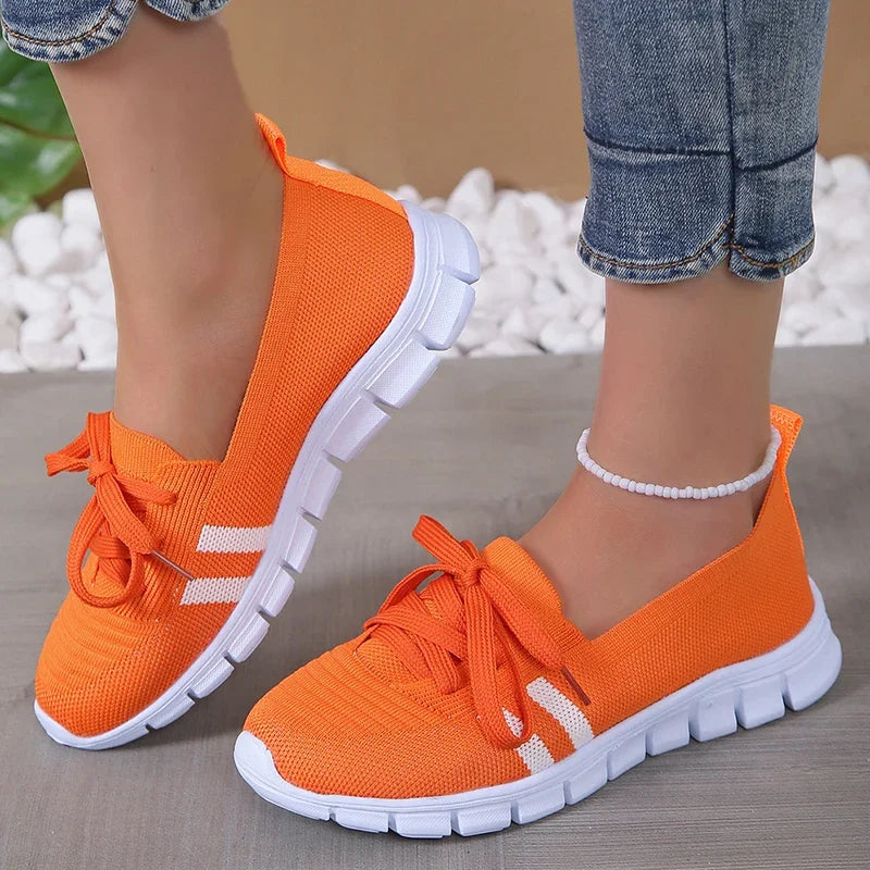 Women's Striped Lace-Up Trainers - Breathable Sneakers with Soft Sole