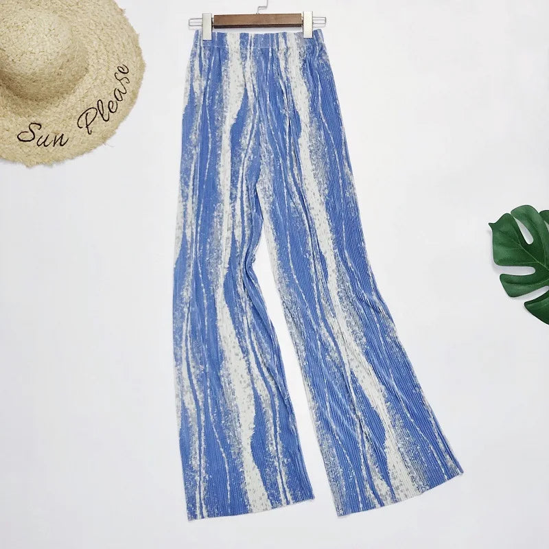 REALEFT Vintage High-Waist Printed Long Pants - Loose Wide Leg Fit- Loose Wide Leg Fit