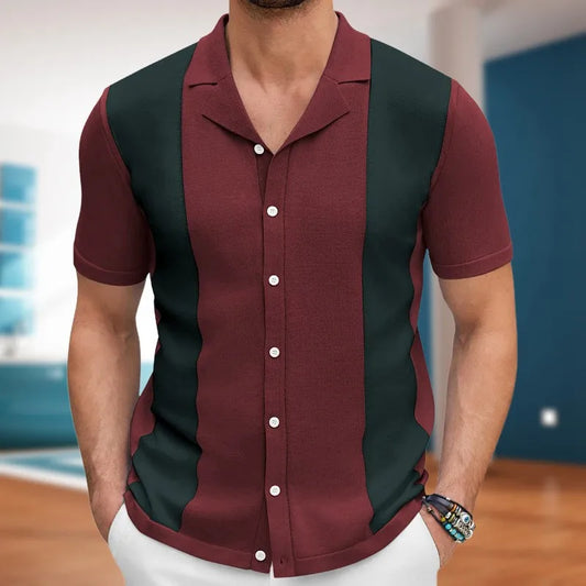 Men's Breathable Striped Knit Patchwork Polo Shirt - Short Sleeve Button-Up
