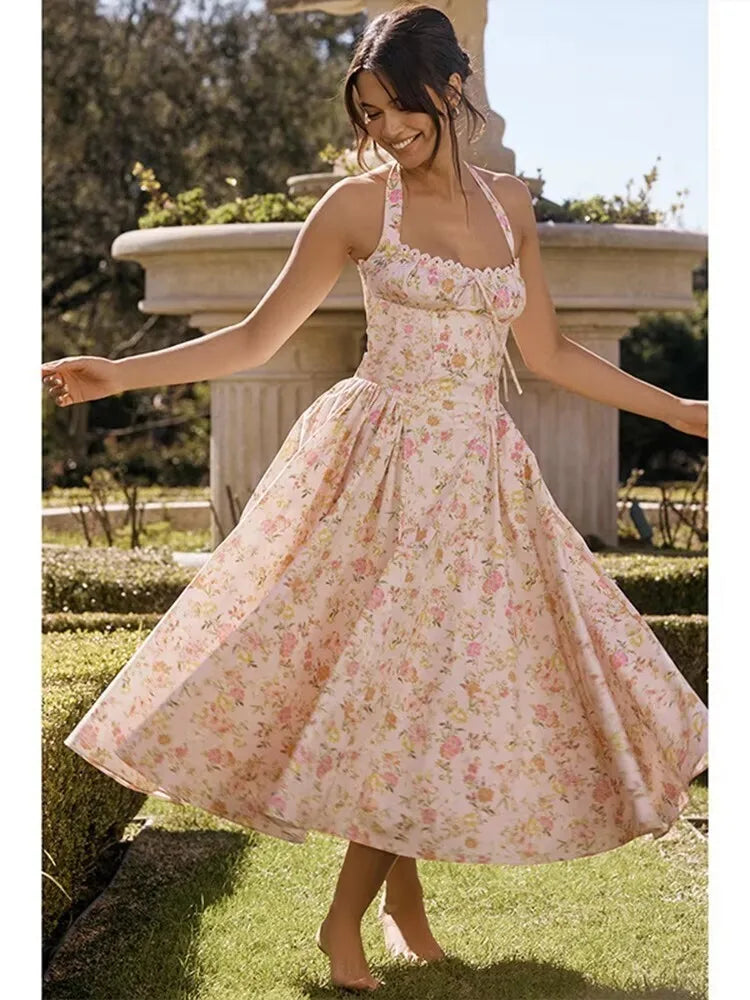 Women's Floral Print Sleeveless Bodycon Dress with Spaghetti Straps and Split