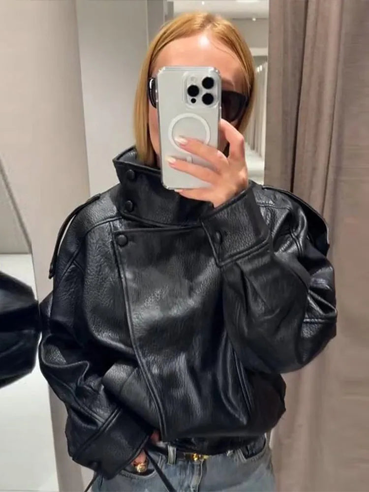 Women's Stand Collar Faux Leather Jacket with Double Button Closure