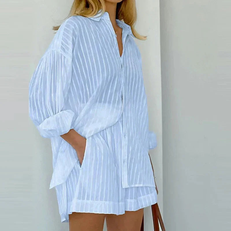 Women's Casual Two-Piece Striped Jacquard Shirt and Elastic Waist Shorts Set
