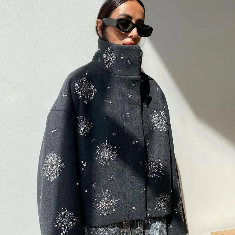 Women's Embroidered & Beaded Loose Fit Lapel Collar Jacket