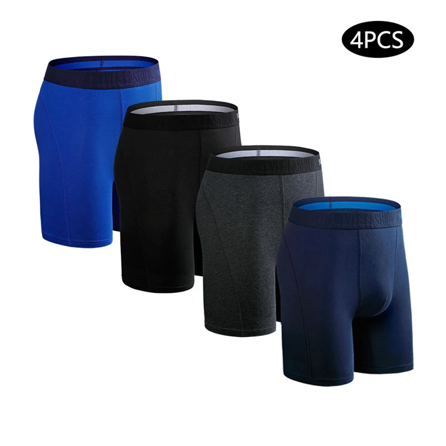 Men's Cotton Long Boxers – Set of 4 Trunks, Comfortable & Breathable Underwear